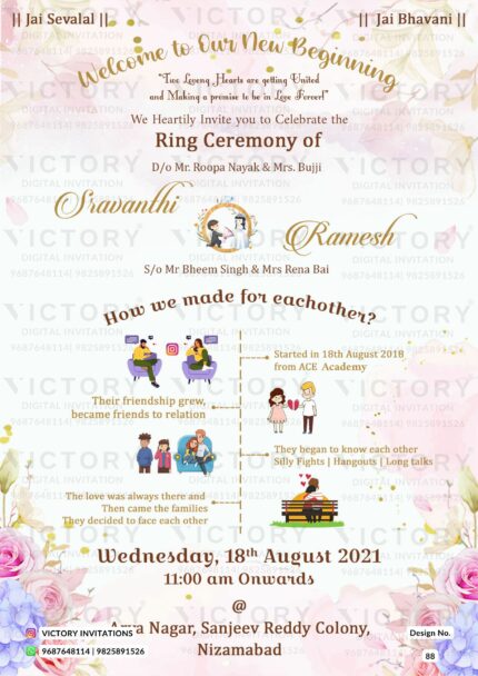 Blush Pink Floral E-invite with Couple Love Story Timeline Illustrations, design no. 88