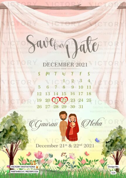 Woodland Theme Save Our Date Calendar E-invite with Traditional Indian Couple Doodle, design no. 114