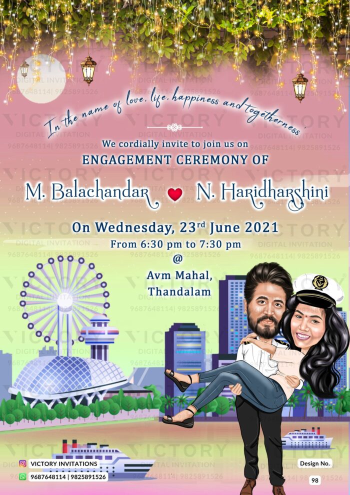 Modern City Theme Wedding E-invite with Couple Caricature, design no. 98