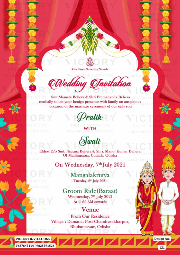 Plush Red Traditional Indian Wedding E-invite with Festive Cultural Couple Doodle, design no. 121