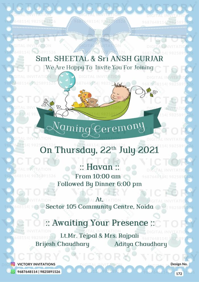 Blue Baby Boy Naming Ceremony Virtual Invite with a Wrapped Baby Illustration, design no. 172