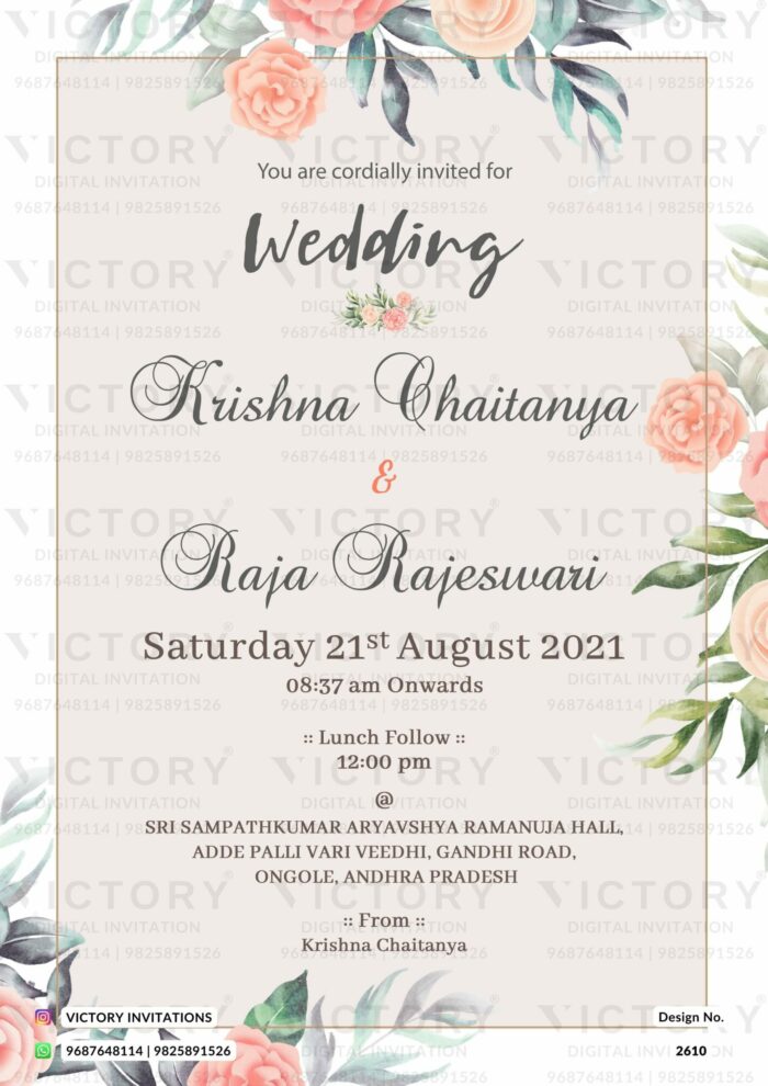Wedding ceremony invitation card of hindu south indian telugu family in english language with artistic floral theme design 2610