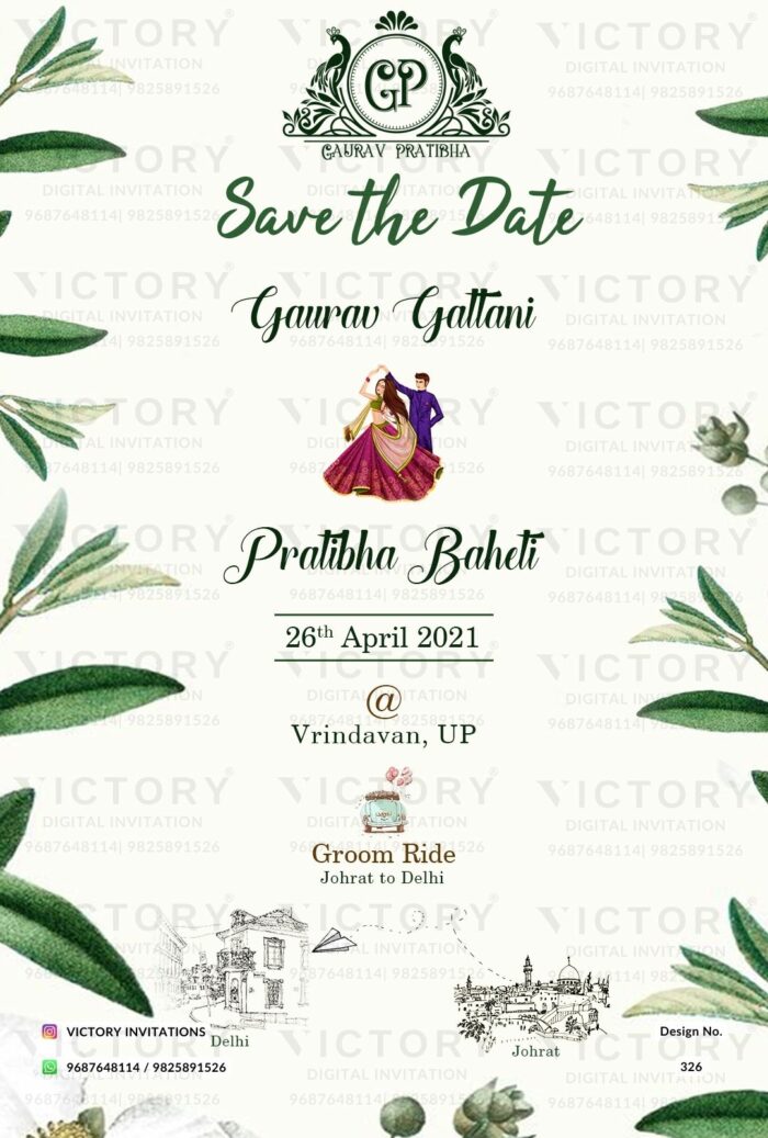 Elegant Greenery and White Save the Date with Indian Couple and Flight Route Illustrations, design no. 326
