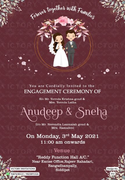 Maroon and Gold Floral Theme E-invite with English Couple Illustration on Floral Frame, design no. 352