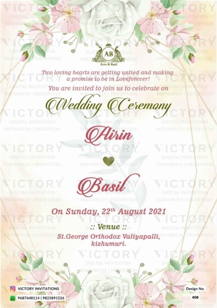 Wedding ceremony invitation card of hindu south indian malayali family in english language with Floral theme design 408