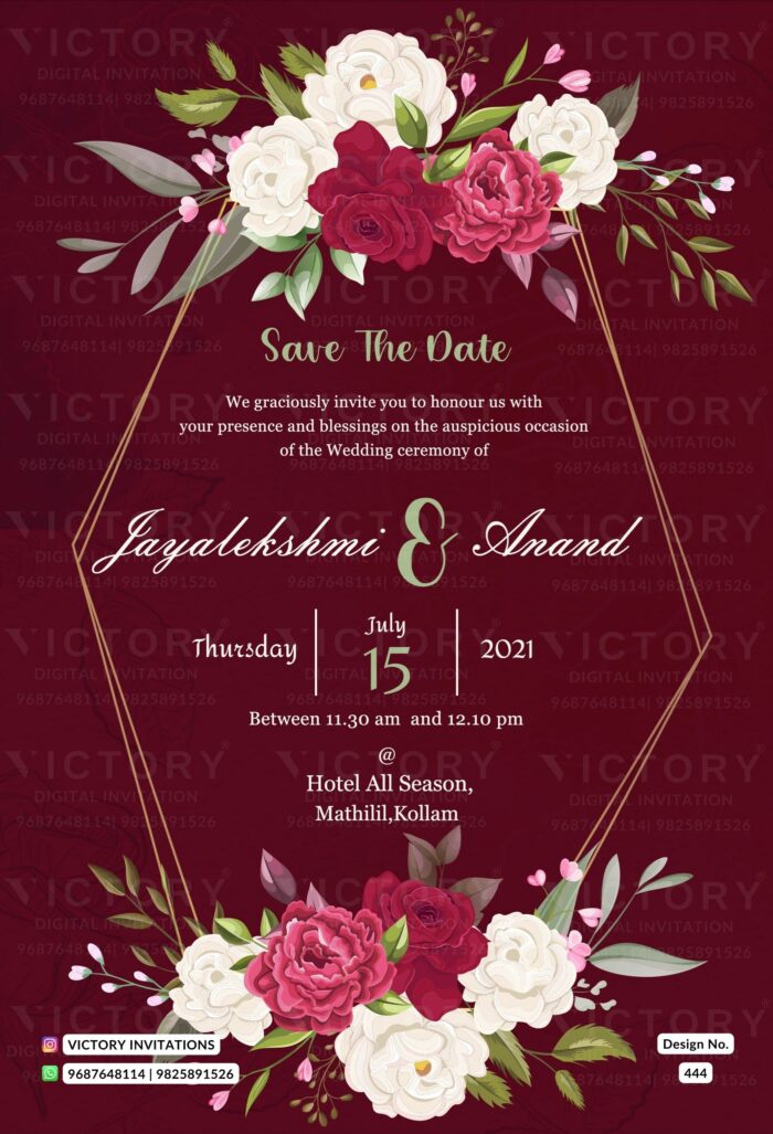Elegant Garnet-Red Peony and Rose Theme Save the Date E-invite, design no. 444