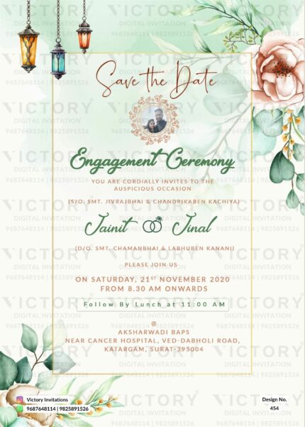 Mint-Green Vintage Floral Engagement E-invite with Original Couple Portrait, design no. 454