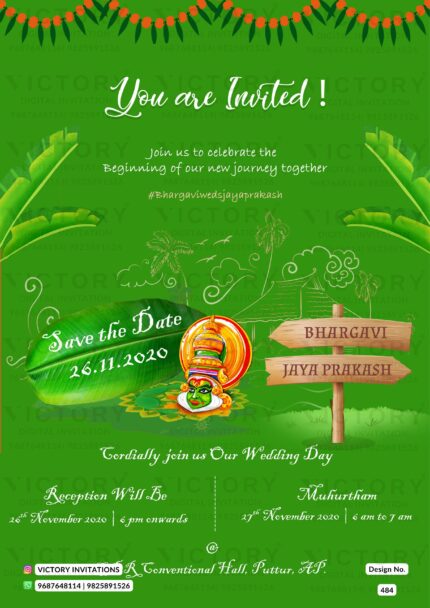 Parrot Green Tropical Theme Traditional Indian Wedding E-card, design no. 484
