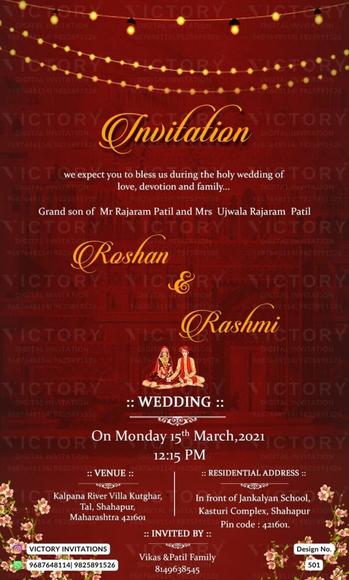 Blood Red and Gold Classic Indian Wedding Invite with Traditional Indian Couple Illustration, design no. 501