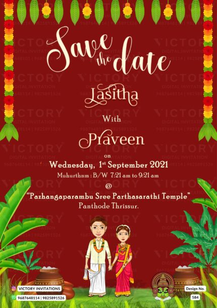 Crimson Red Traditional Tropical Theme Save the Date with Kerala-Indian Couple Doodle, design no. 584