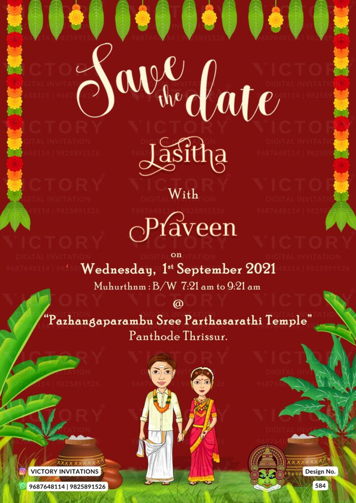 Crimson Red Traditional Tropical Theme Save the Date with Kerala-Indian Couple Doodle, design no. 584