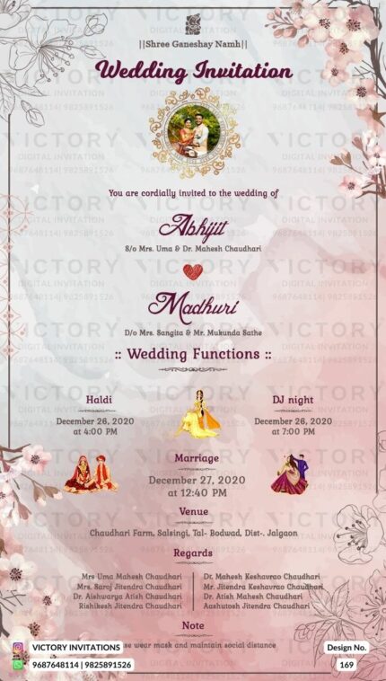 Tea-pink Floral Theme Traditional Indian Wedding E-card with Original Couple Portrait, design no. 169