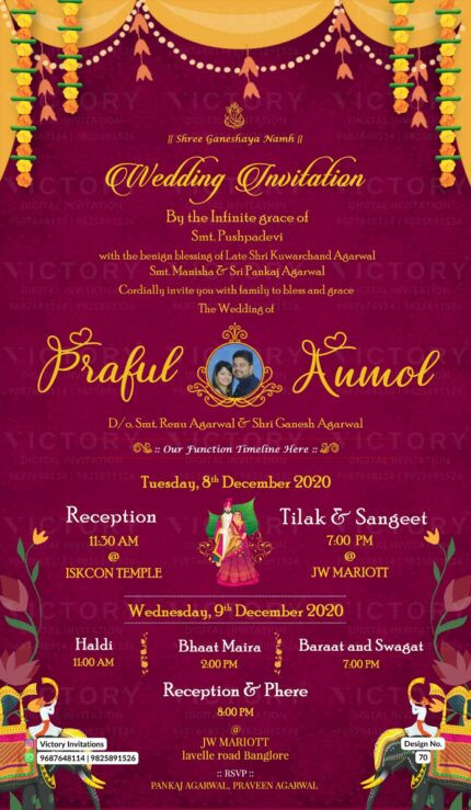 Wedding ceremony invitation card of hindu south indian kannada family in english language with Vintage theme design 70