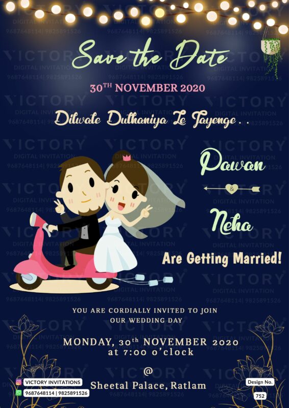 Navy Blue and Gold Light-hearted Wedding Invite with Comical Couple Illustration, design no. 752