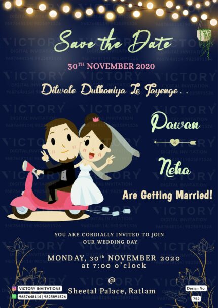 Navy Blue and Gold Light-hearted Wedding Invite with Comical Couple Illustration, design no. 752