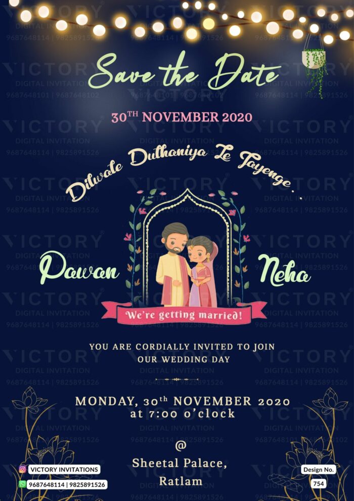 Traditional Theme Navy Blue and Gold Indian Wedding Invite with Indian Couple Doodle, design no. 754