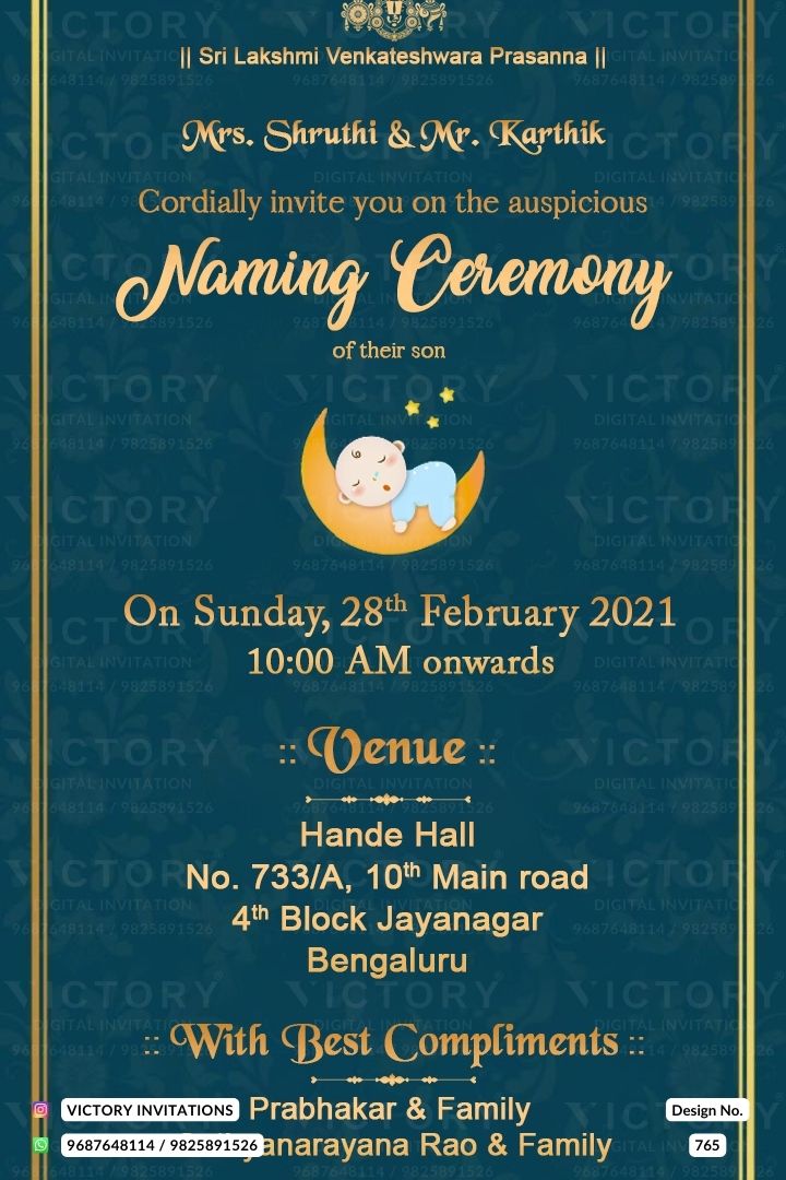 New Lovely Teal and Gold Virtual Naming Ceremony Invitation with Baby Moon  Illustration, design no. 765 
