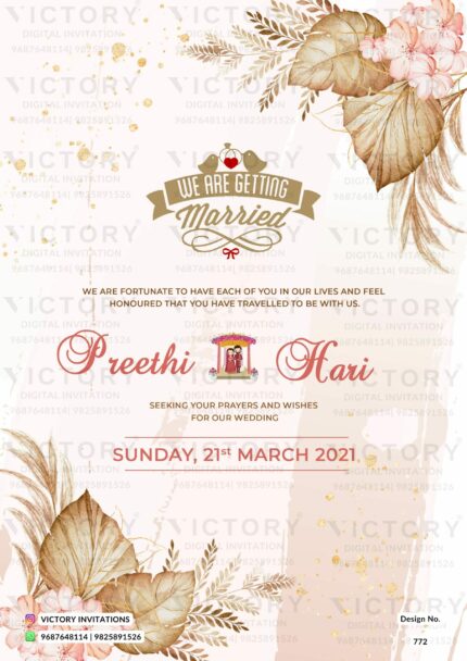 Pastel Tea Pink and Brown Floral Theme Wedding Invite with Traditional Indian Couple Doodle, design no. 772