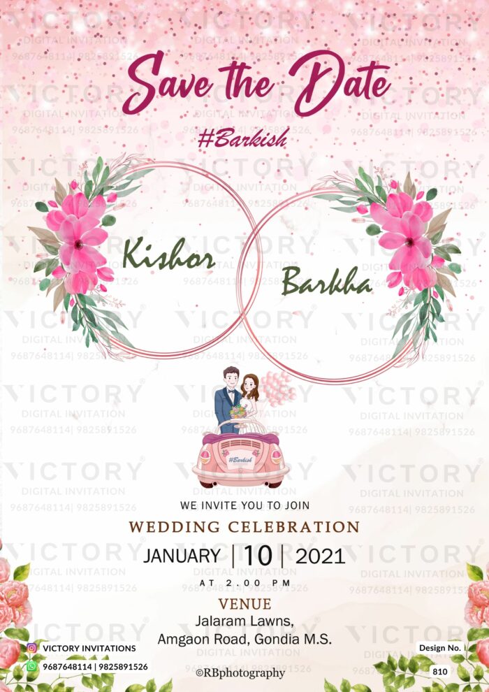 Poppy-Pink and Off-White Floral Theme Save the Date with English Couple in Wedding Car Doodle, design no. 810