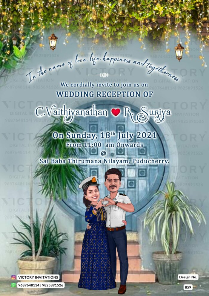 Indian Navy couple caricature invitation card for the wedding ceremony of Hindu south indian tamil family in english language with romantic theme design 859
