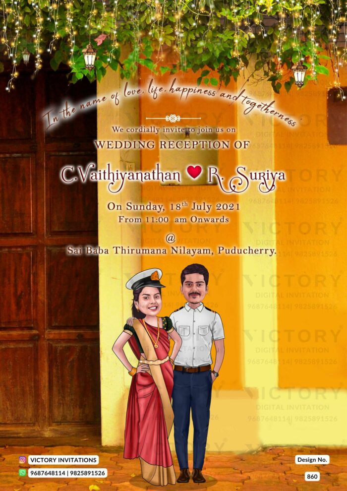 Indian Navy couple caricature invitation card for the wedding ceremony of Hindu south indian tamil family in english language with wooden house theme design 860