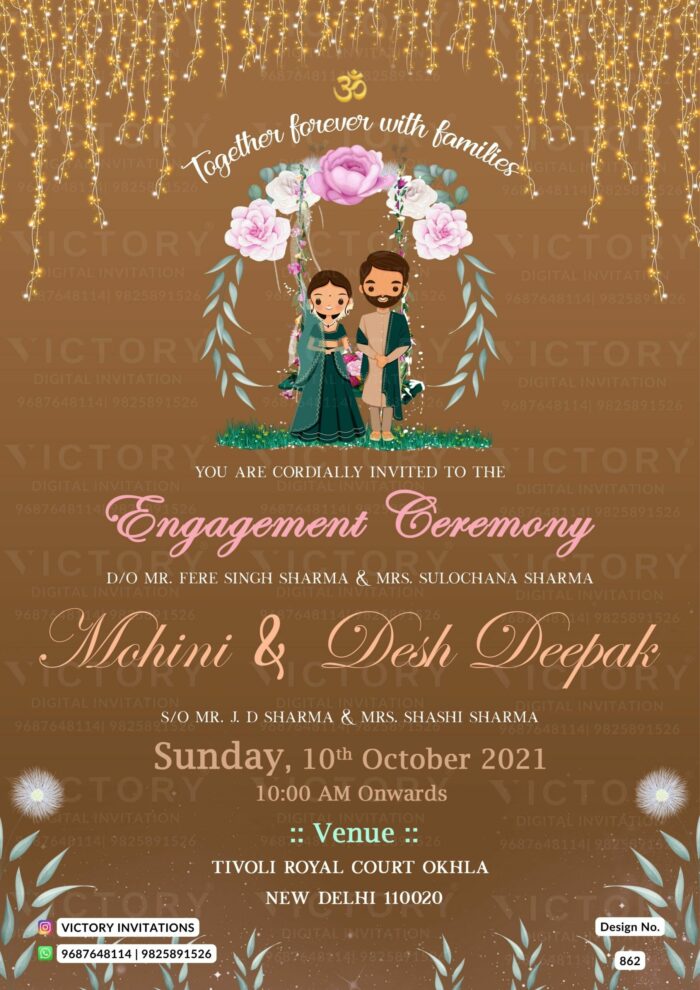 Dreamy Brown and Pink Dandelion Theme Virtual Invite with Classic Indian Couple Illustration, design no. 862