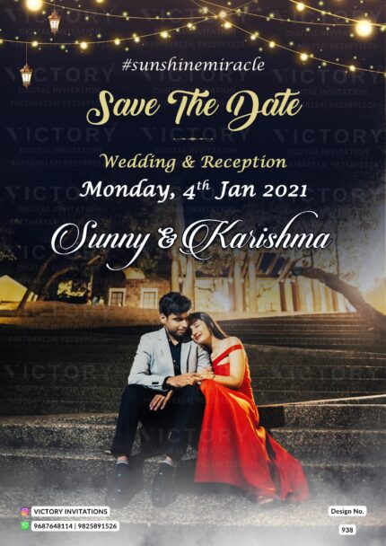 Dreamy Navy Blue and Gold Save the Date with Original Couple Portrait Background, design no. 938