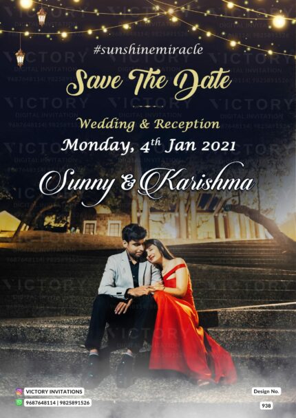 Dreamy Navy Blue and Gold Save the Date with Original Couple Portrait Background, design no. 938