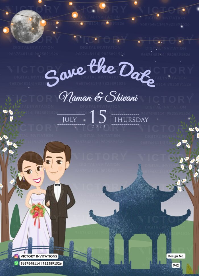 Starry Night Midnight Theme Dreamy Save the Date with English Couple Doodle Illustration, design no. 942