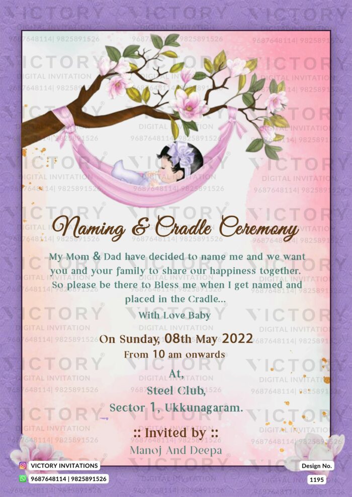 Lilac and Blush Pink Magnolia Theme Naming Ceremony Invitation with Baby in a Hanging Cloth Illustration, design no. 1195
