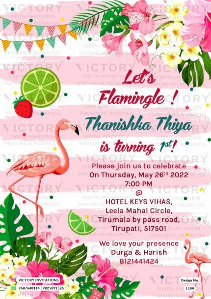 Playful Pink and White Flamingo Theme Birthday Invitation, design no. 1199