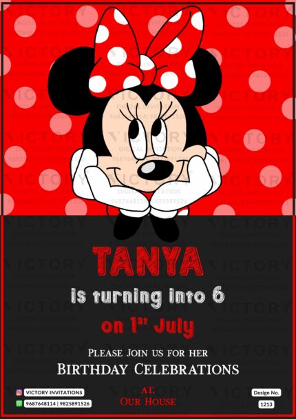 Red and Black Minnie Mouse Theme Digital Birthday Invitation, design no. 1213
