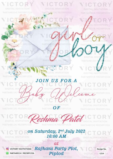 White and Blush Pink Baby Welcome Electronic Invite with Floral Envelope Illustration, design no. 1214