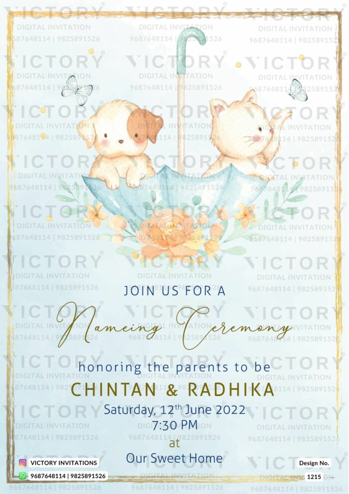 Playful Blush Blue and Gold Naming Ceremony Invite with a Light-hearted Inverted Umbrella illustration, design no. 1215
