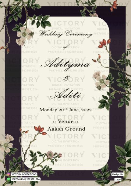 Plum and Ivory Vintage Poppy Theme Digital Wedding Invite, design no. 1220