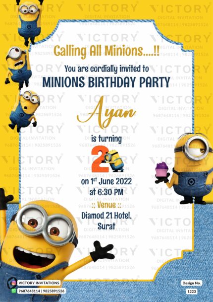 Yellow and Denim Minion Theme Birthday Party Digital Invitation, design no. 1223