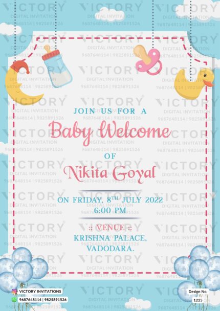 Baby Blue and White Baby Welcome Digital Card with Comical Baby Theme Elements, design no. 1225