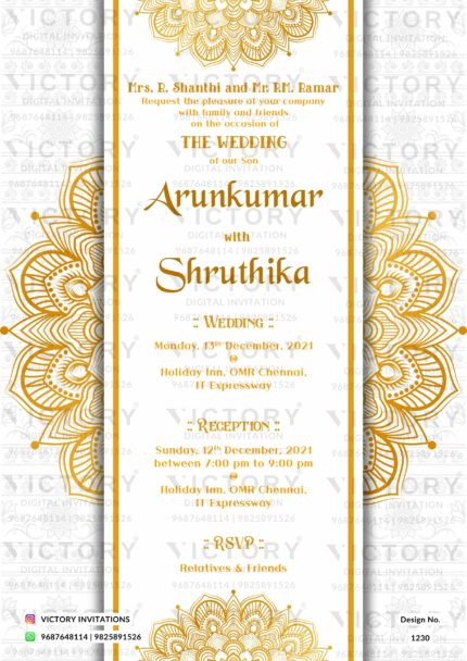 Golden-Yellow and White Traditional Mandala Design Wedding E-invite, design no. 1230