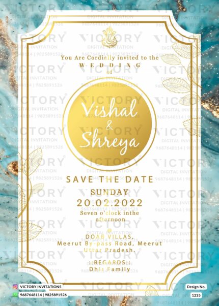 Stunning Electric Blue and Gold Marble Textured Electronic Wedding Save the Date, design no. 1235
