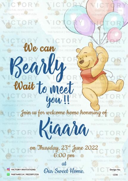 Blush Blue and White Winnie the Pooh Theme Baby Welcome E-invite, design no. 1236