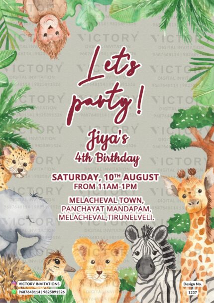 Playful Grey and Green Jungle Theme Electronic Birthday Party Invite with Jungle Animal Illustrations, design no. 1237