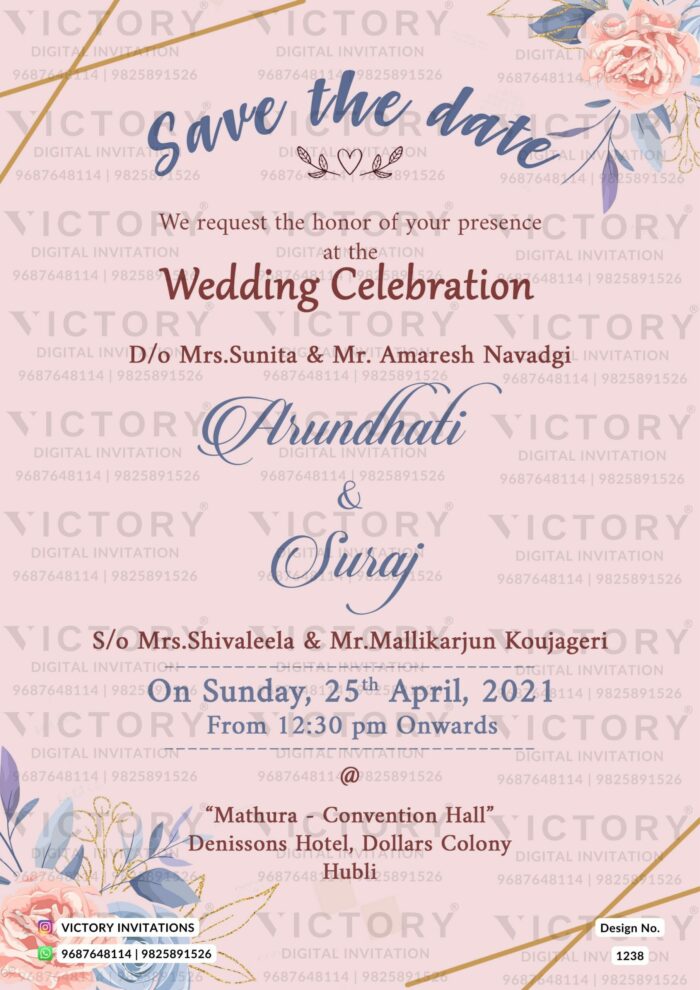 Wedding ceremony invitation card of hindu south indian kannada family in english language with floral theme design 1238