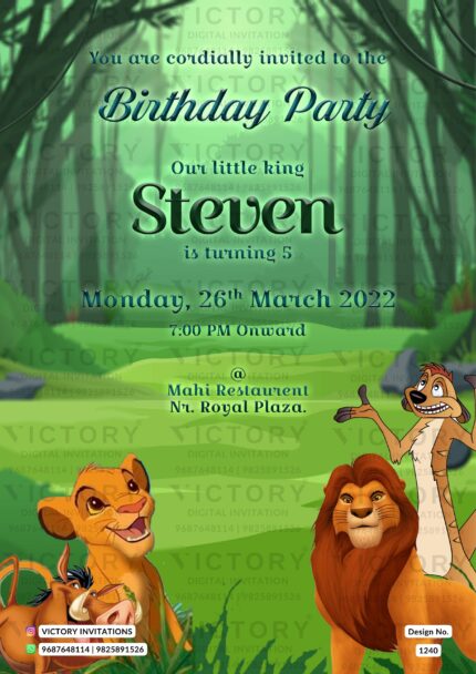 Vibrant Green Lion King Theme Electronic Birthday Invitation, design no. 1240
