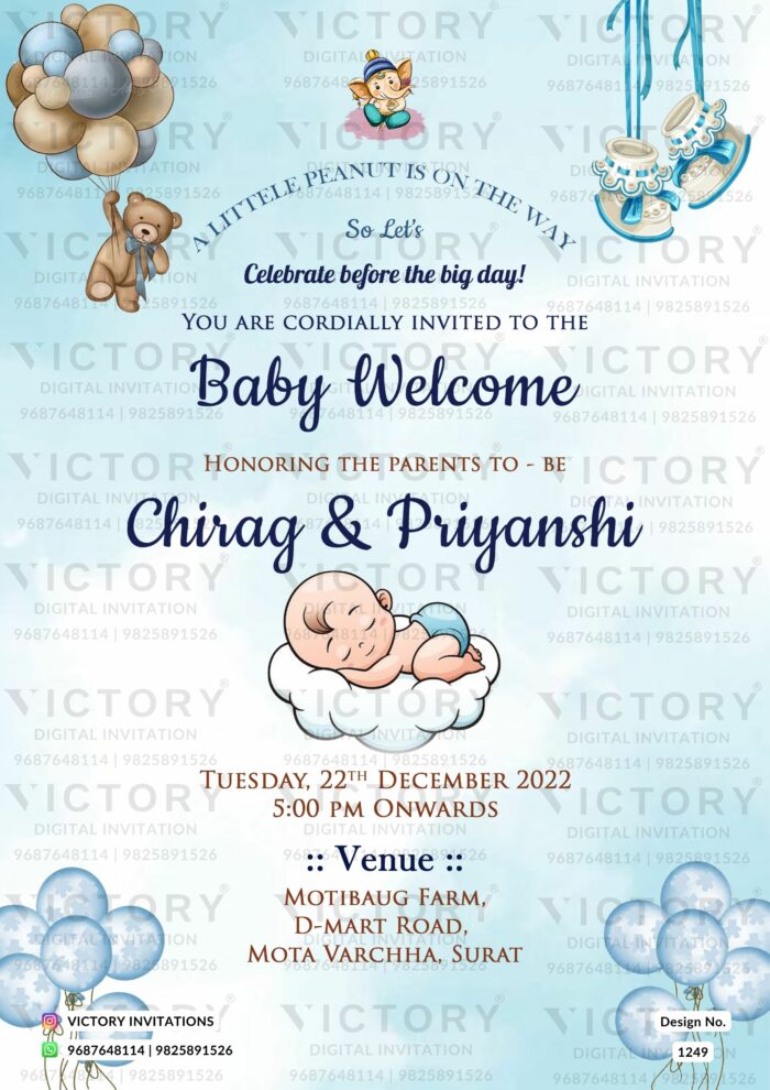 Playful Baby Blue and Brown Baby Welcome E-card with Classic Baby Illustrations, design no. 1249