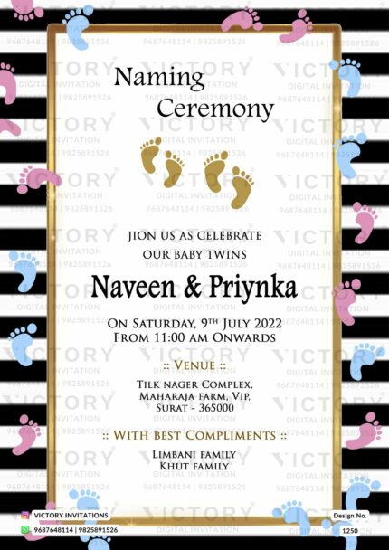 Black and White Twins Naming Ceremony E-invite with Pink and Blue FootPrints Illustrations, design no. 1250