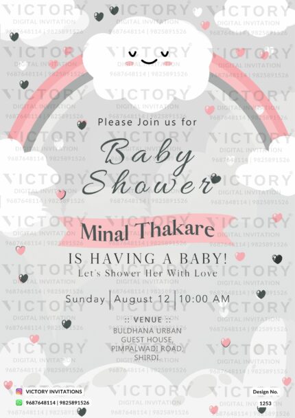 Rainbow Cloud Pastel Grey and Pink Baby Shower E-invitation, design no. 1253