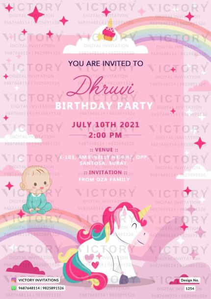 Magical Unicorn Theme Pink and White Birthday Party E-card, design no. 1254
