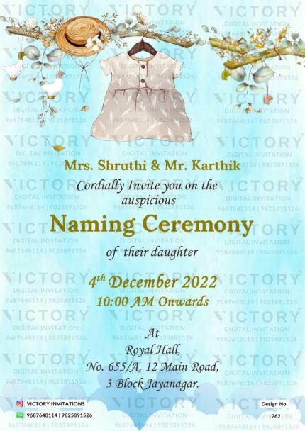 Water-Colored Sky Blue Naming Ceremony Invite with Captivating Vintage Frock and Hat Illustration, design no. 1262
