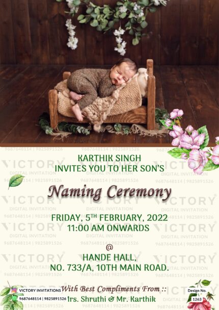 Chocolate-Brown and Ivory Floral Theme Digital Naming Ceremony Invite with Original Baby Portrait, design no. 1263