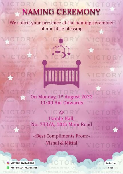 Captivating Fuchsia Pink and Peach Cloud Theme Naming Ceremony Invite with Baby Crib Illustration, design no. 1264